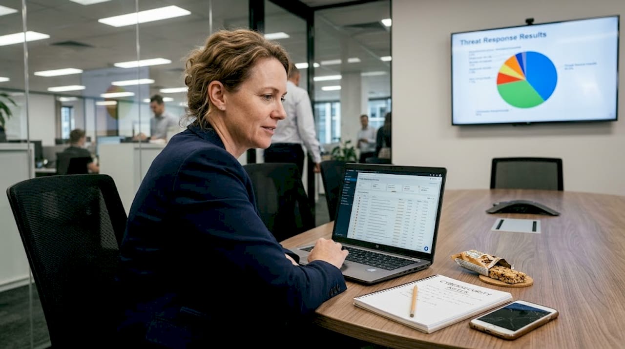 Cybersecurity analyst monitors alerts at desk