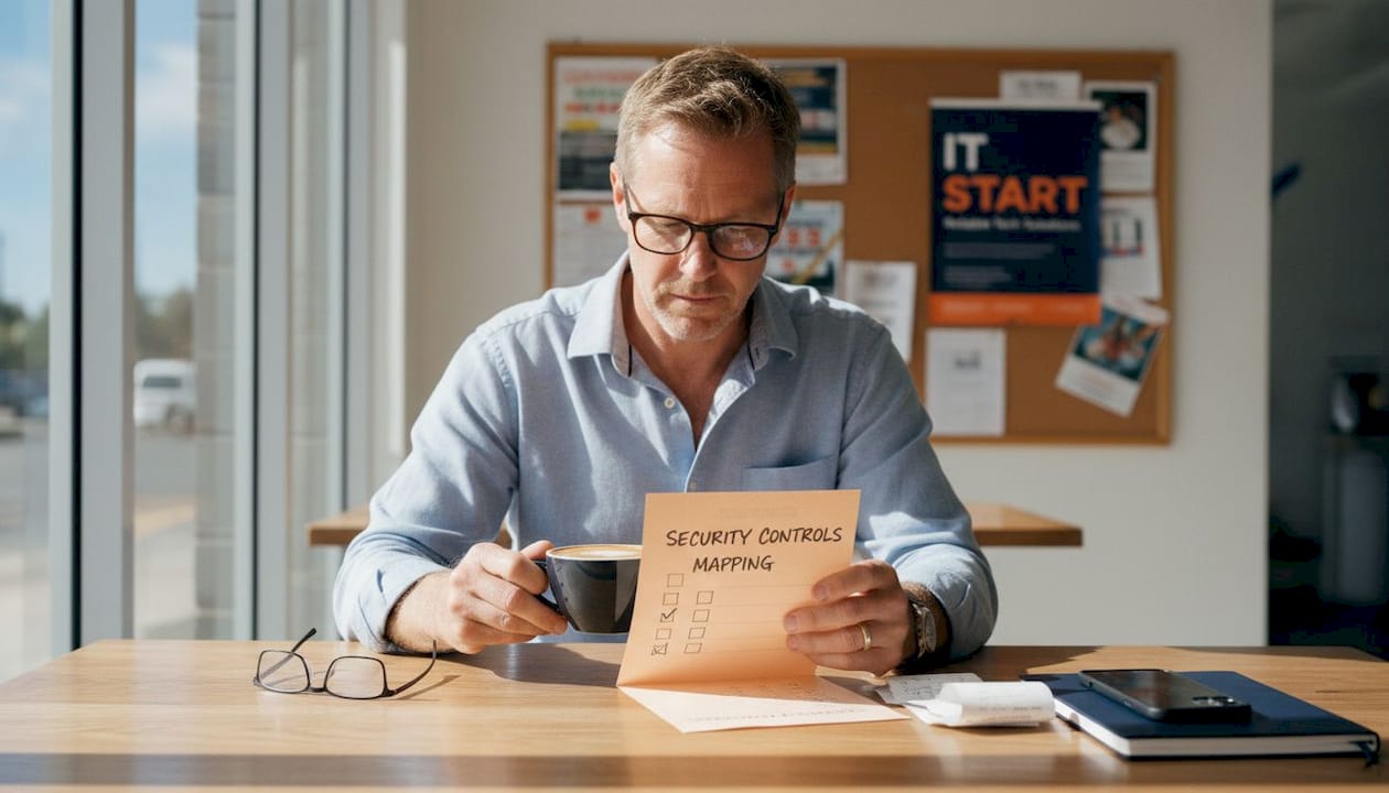 Business owner reviewing security mapping checklist