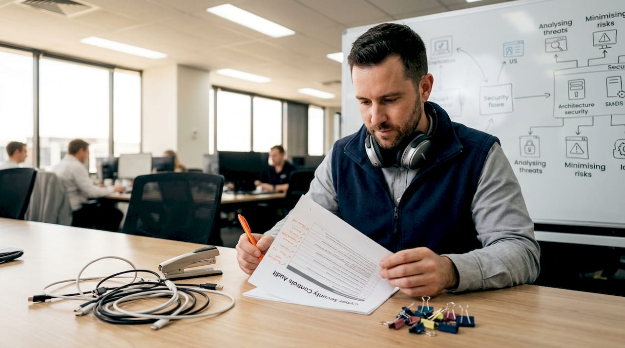 IT manager auditing cybersecurity controls printout
