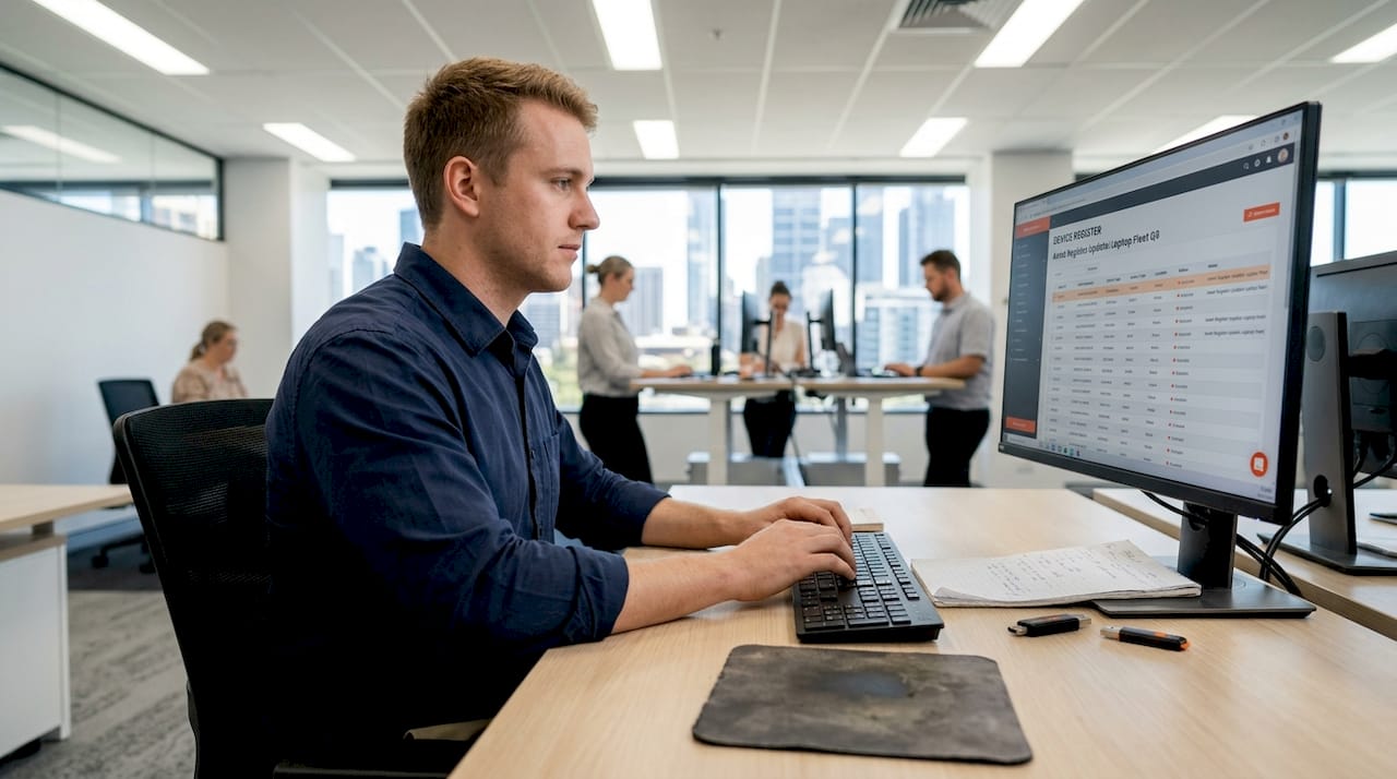 Technician updating IT asset register