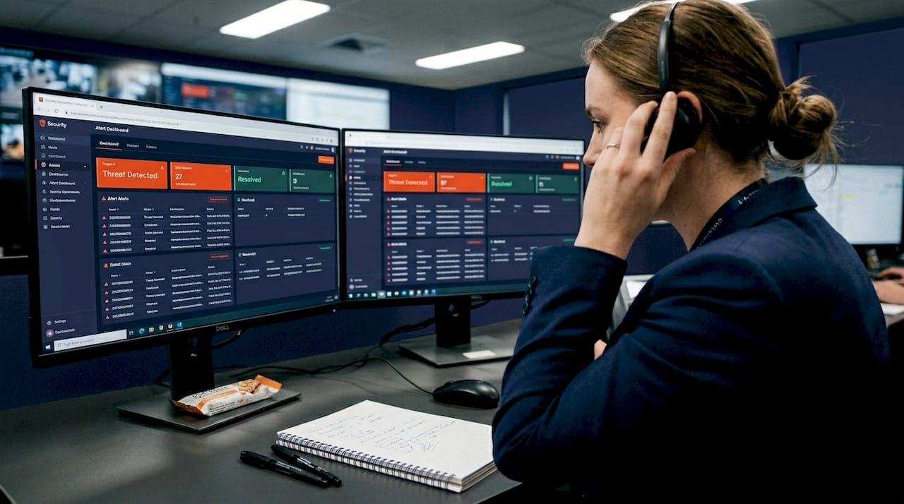 Cybersecurity analyst monitoring alerts at desk