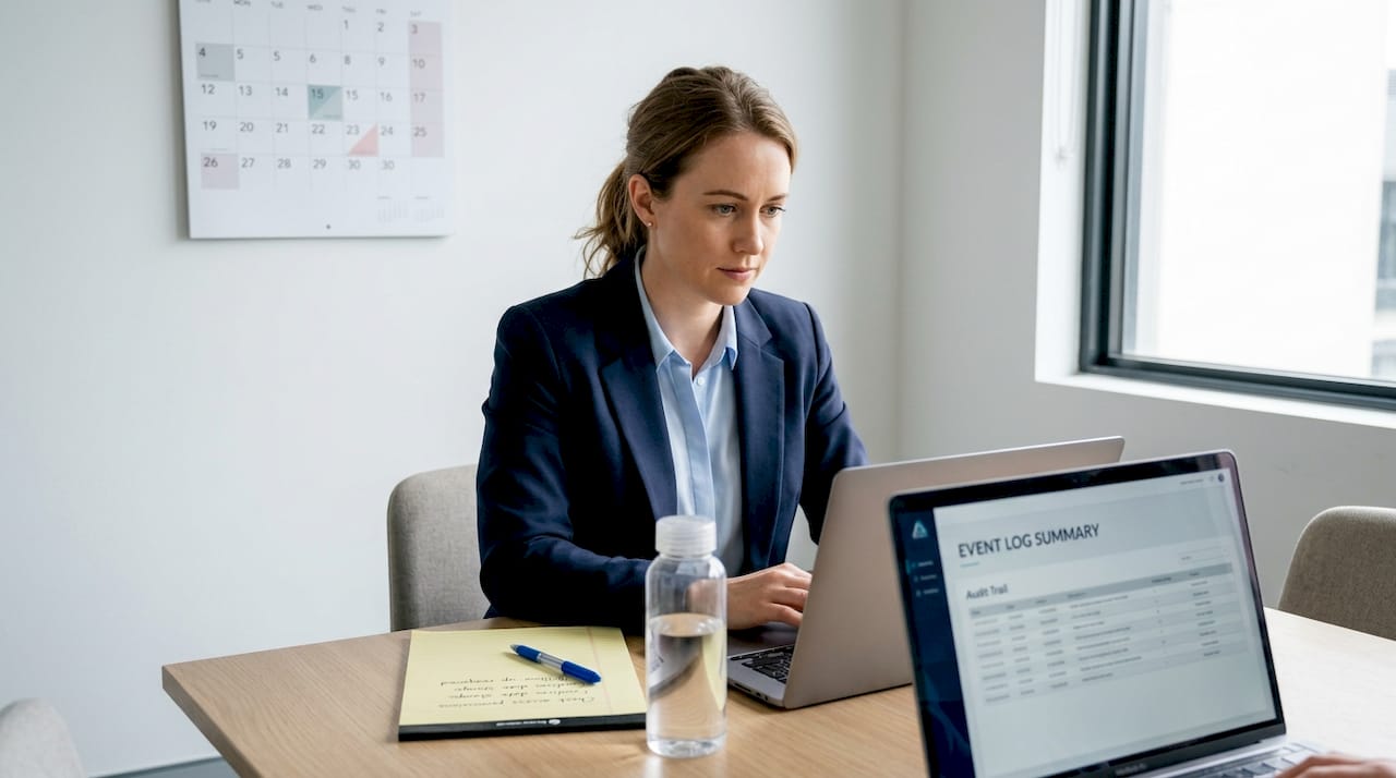 Compliance officer reviewing event log auditing