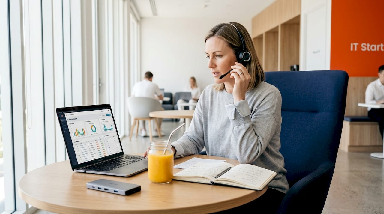 Business owner on IT support call at desk