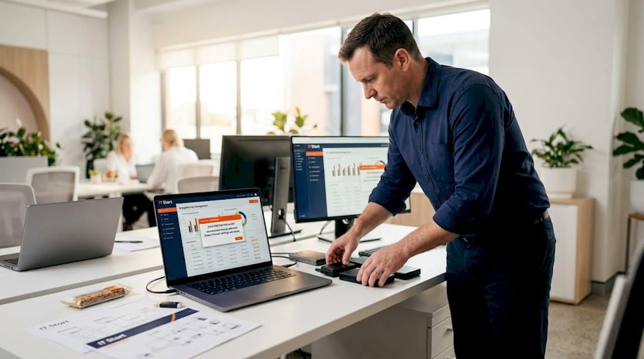 IT admin setting up encryption at shared office desk
