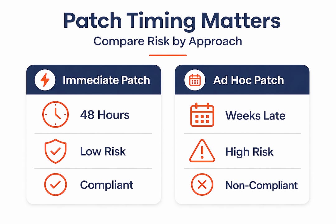 Infographic comparing immediate and ad hoc patching approaches