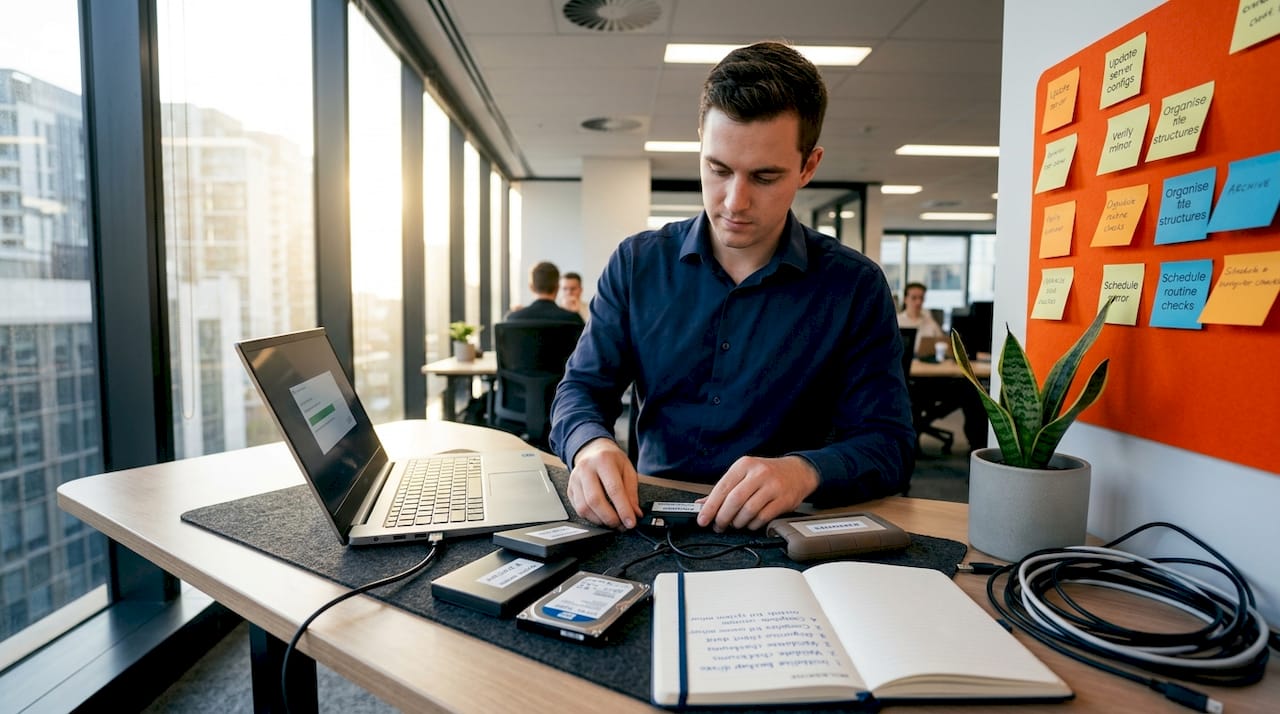 Employee backing up business data at desk