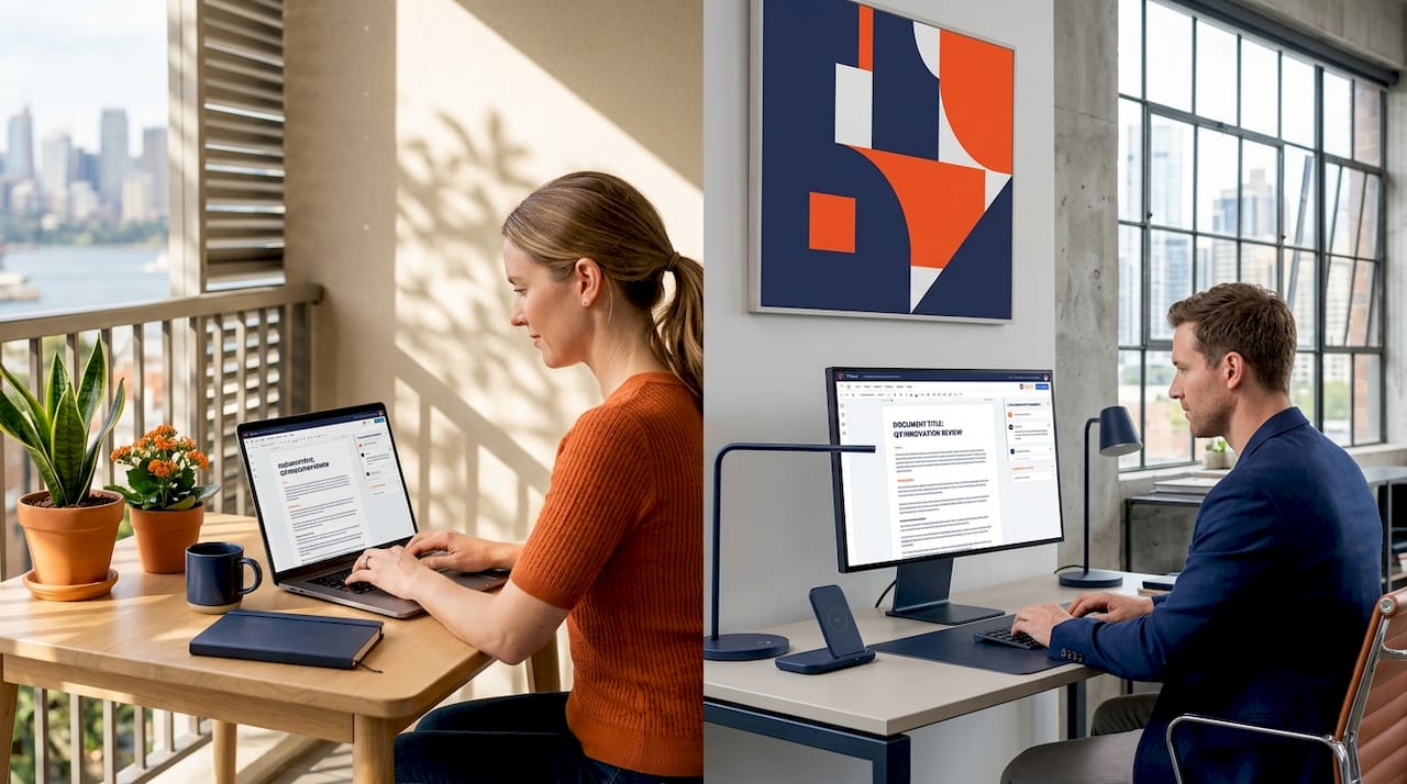 Coworkers collaborating via cloud tools from home