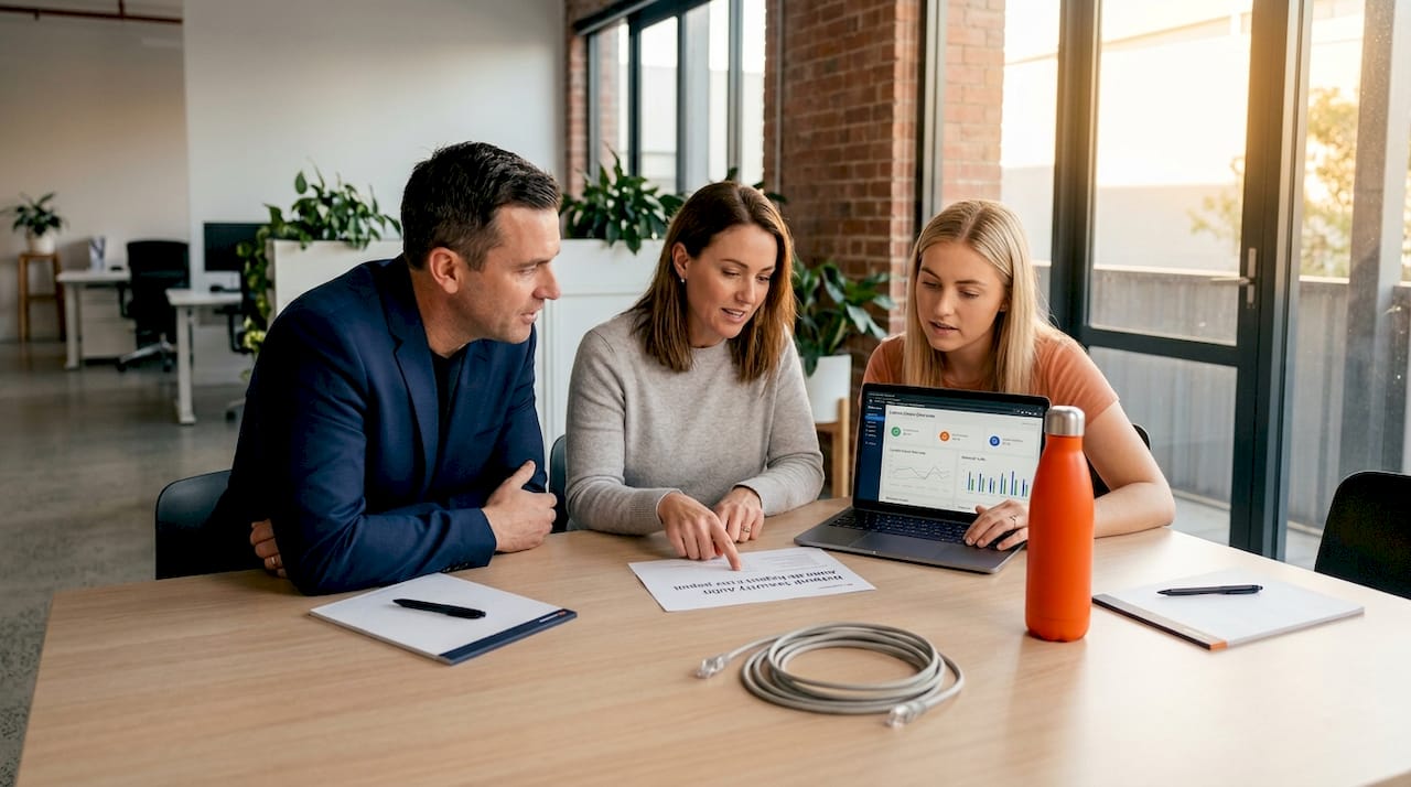 Small business team reviewing network report