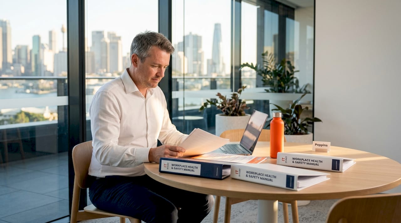 Manager reviews WHS documents in meeting room