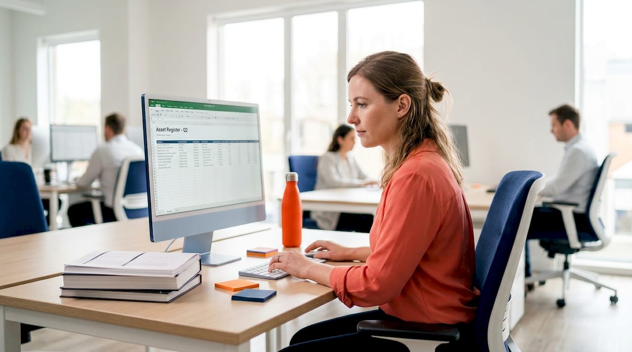 Office assistant updating IT asset spreadsheet