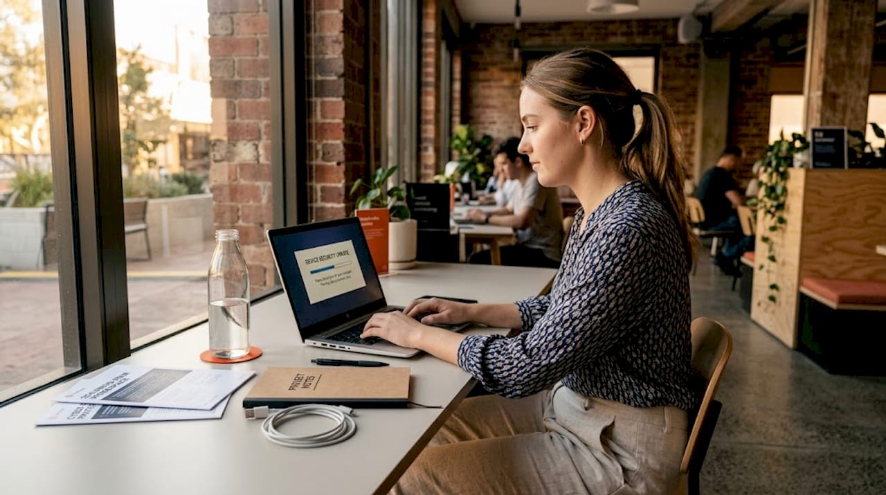 Employee updating security on laptop and phone