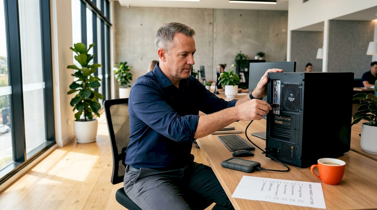 IT manager performing data backup in server room