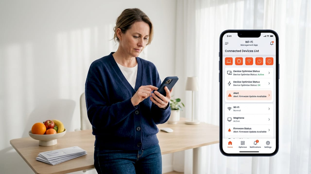 Woman reviewing connected devices via Wi-Fi app