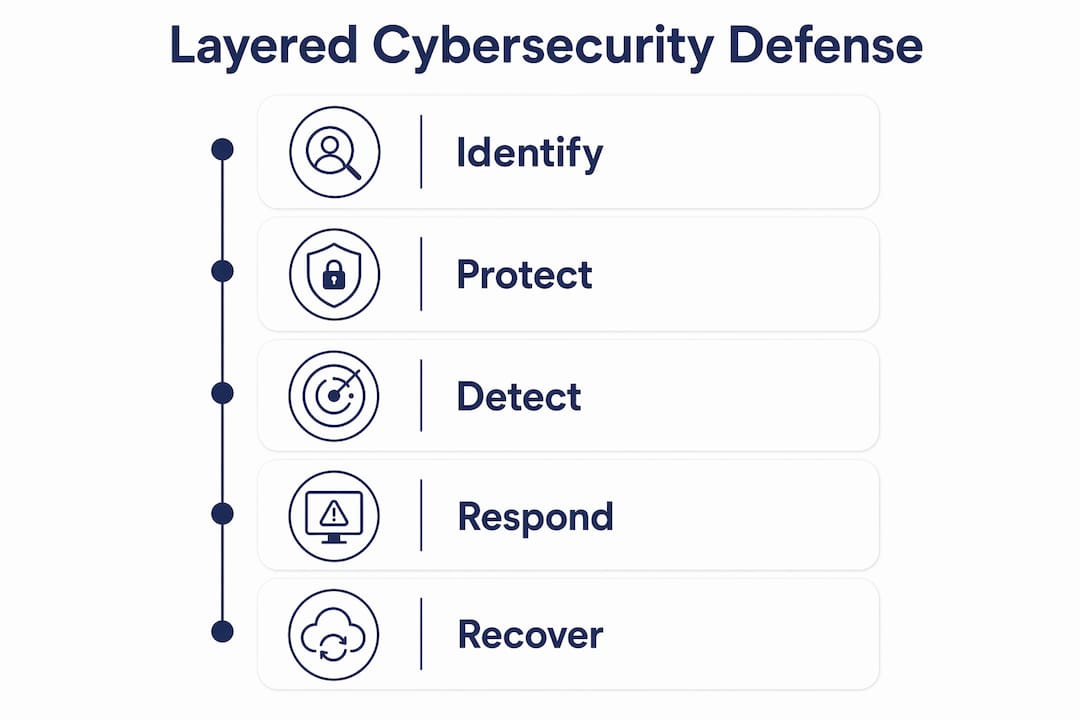Infographic showing layered cybersecurity defense steps