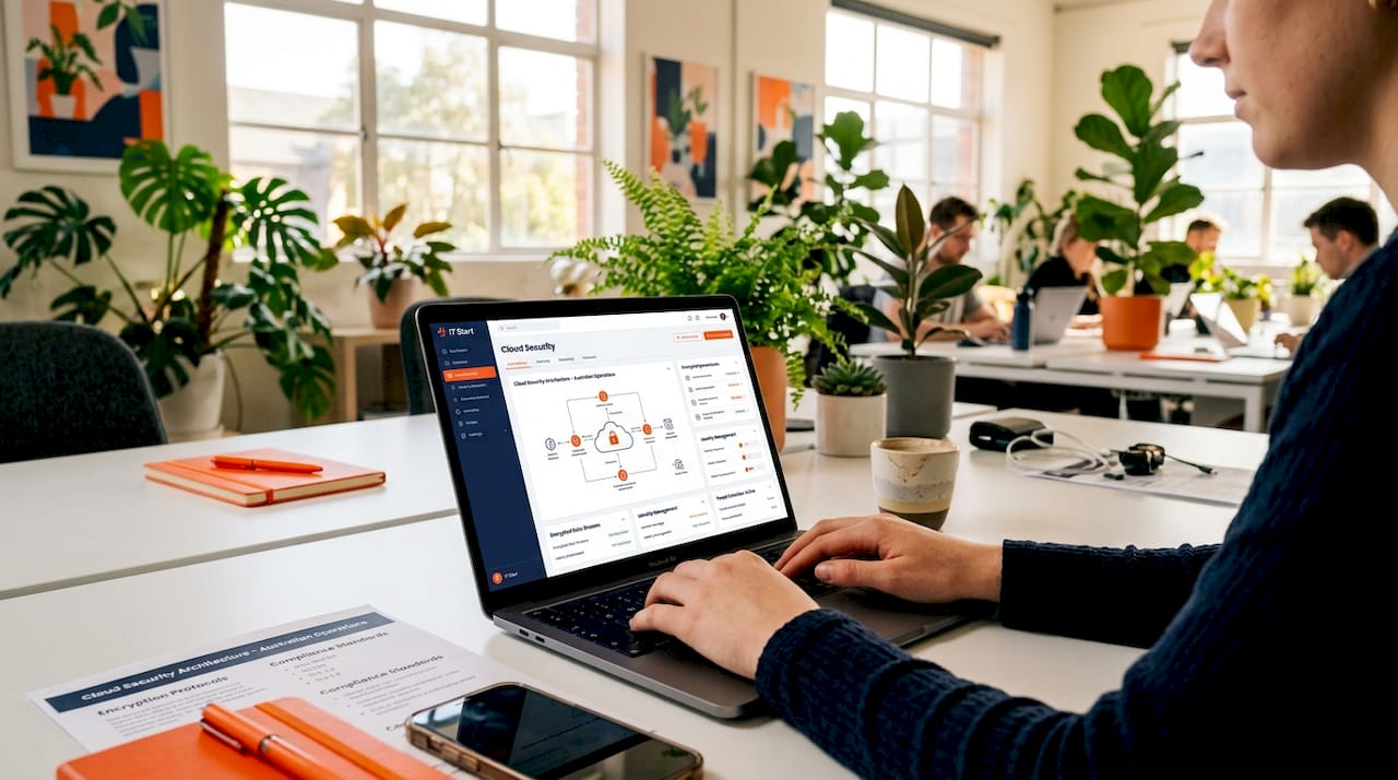 Hands typing on laptop with cloud security diagrams