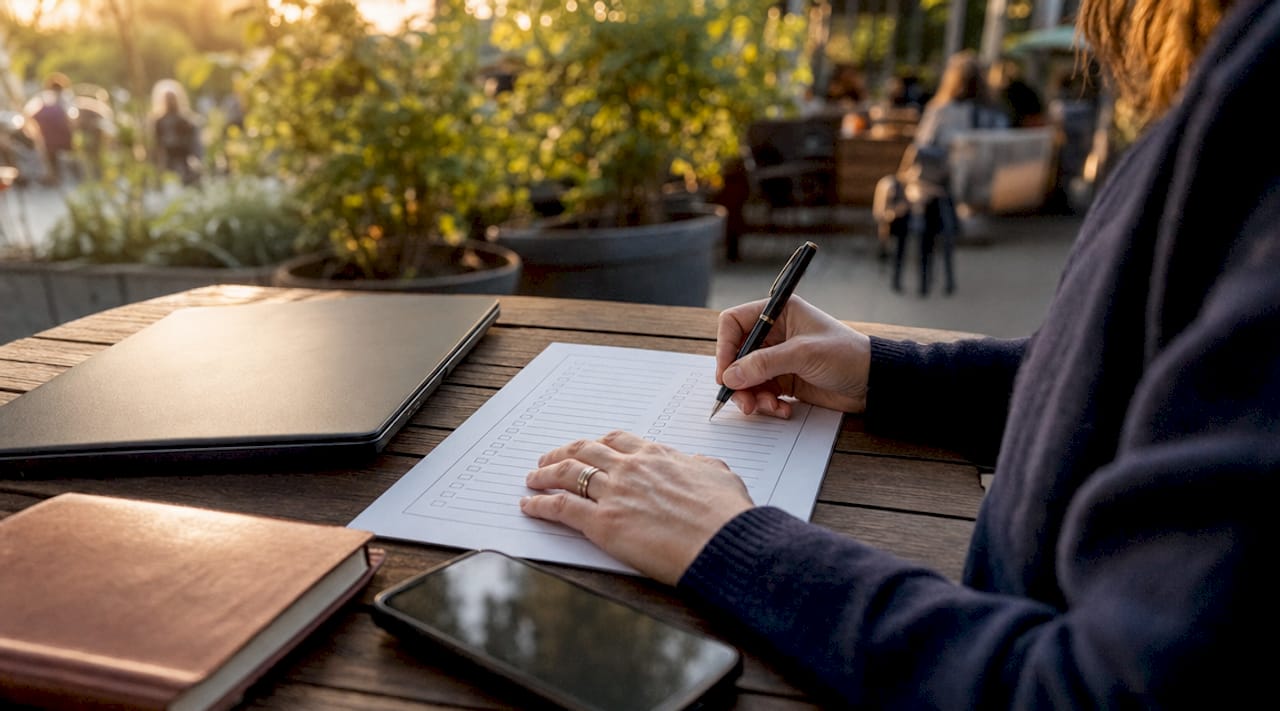 Hands holding pen over IT security checklist