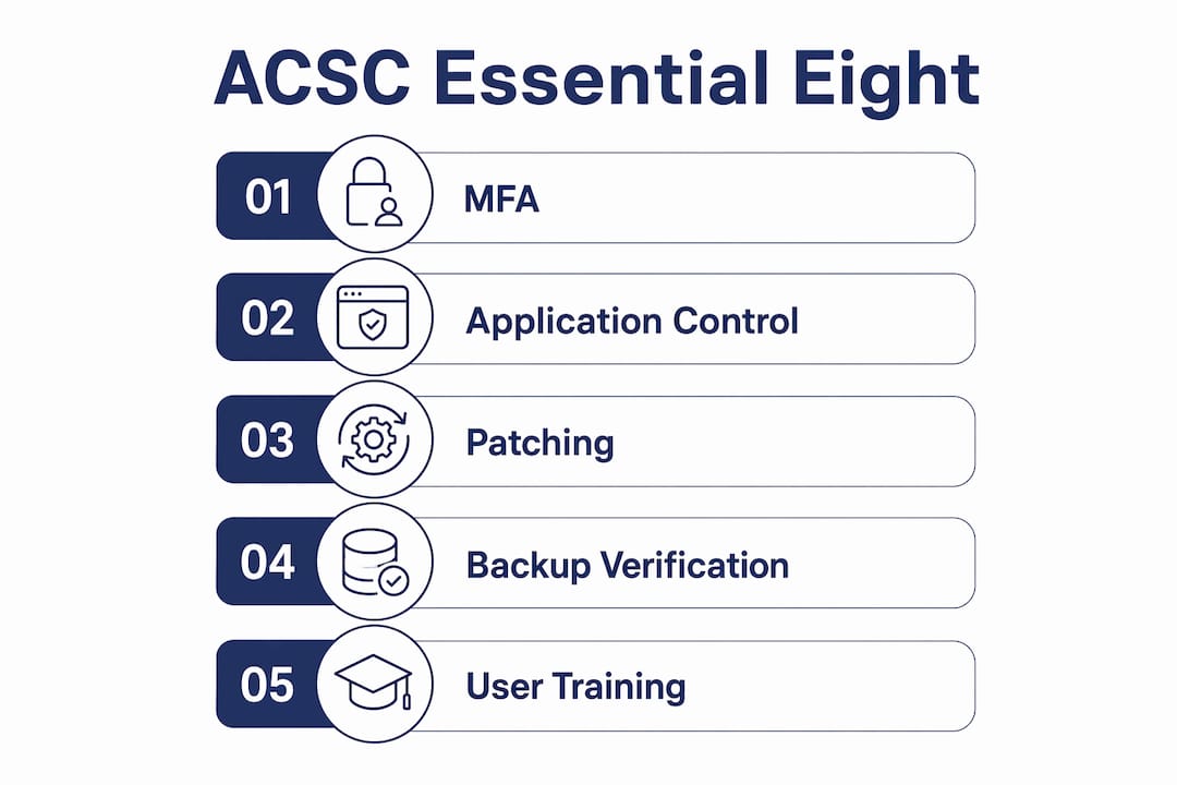 Infographic illustrating ACSC Essential Eight steps for SMBs