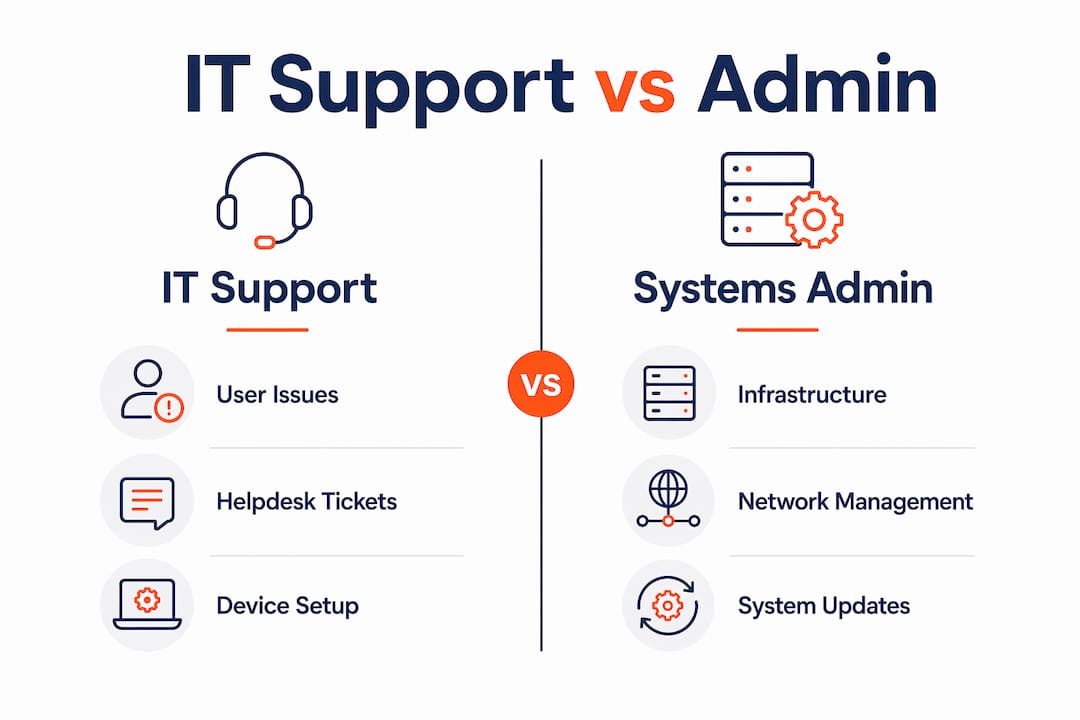Infographic comparing IT support and systems administration