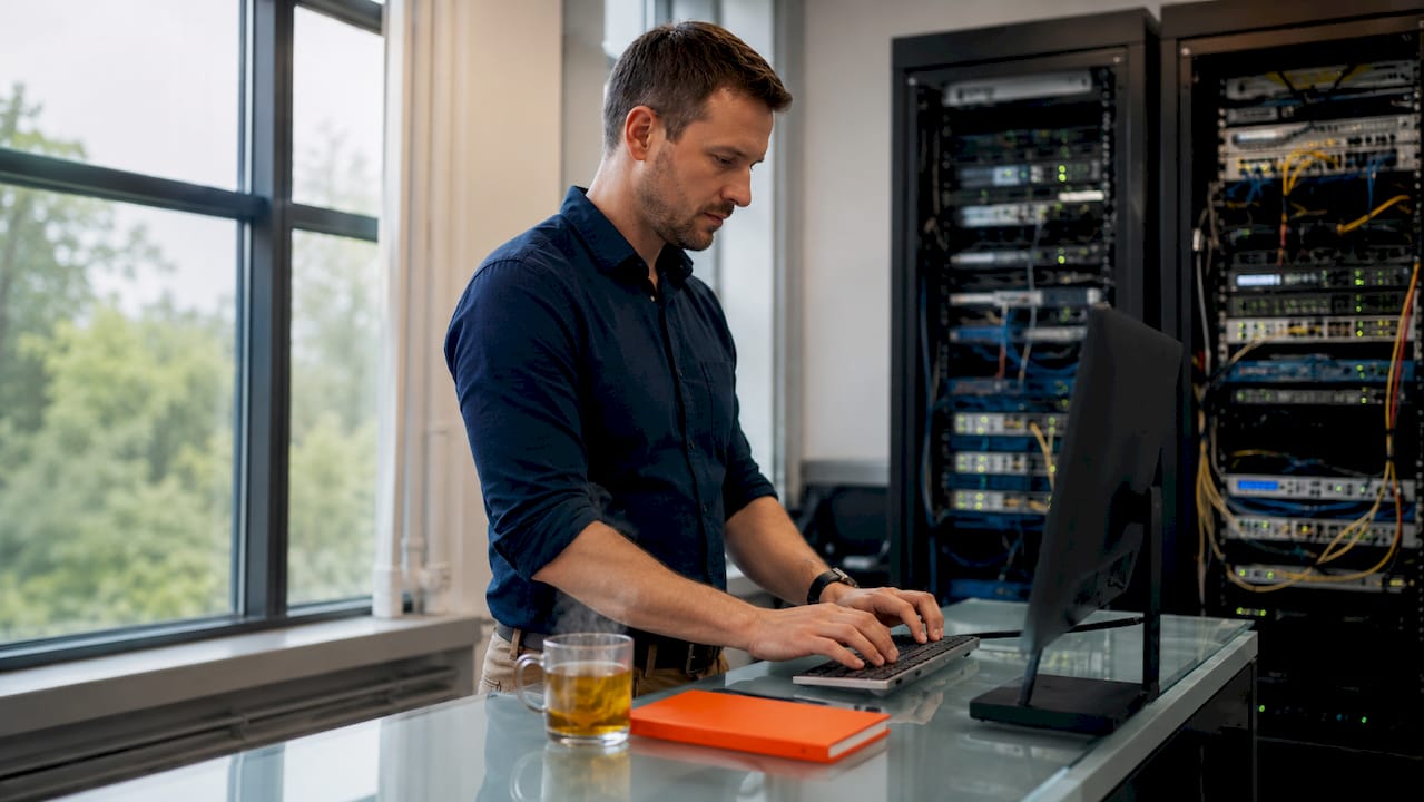 Hands typing in small business IT server room