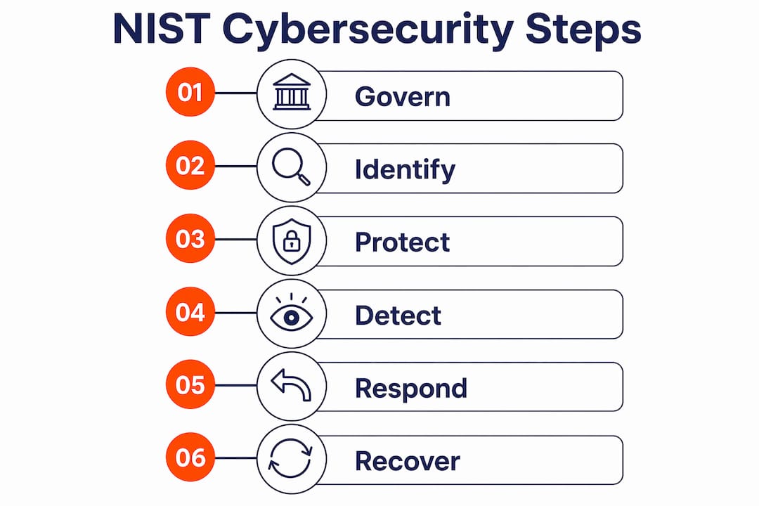 Infographic showing six steps of NIST cybersecurity framework