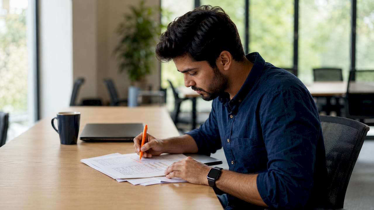 Security analyst typing with audit checklists on desk