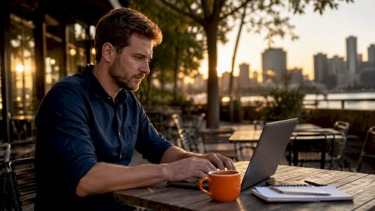 IT support lead typing with blurred screens and notes