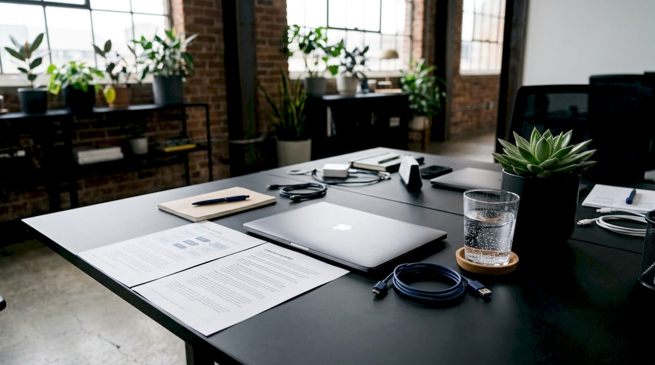Workspace with cyber security policy documents and laptop