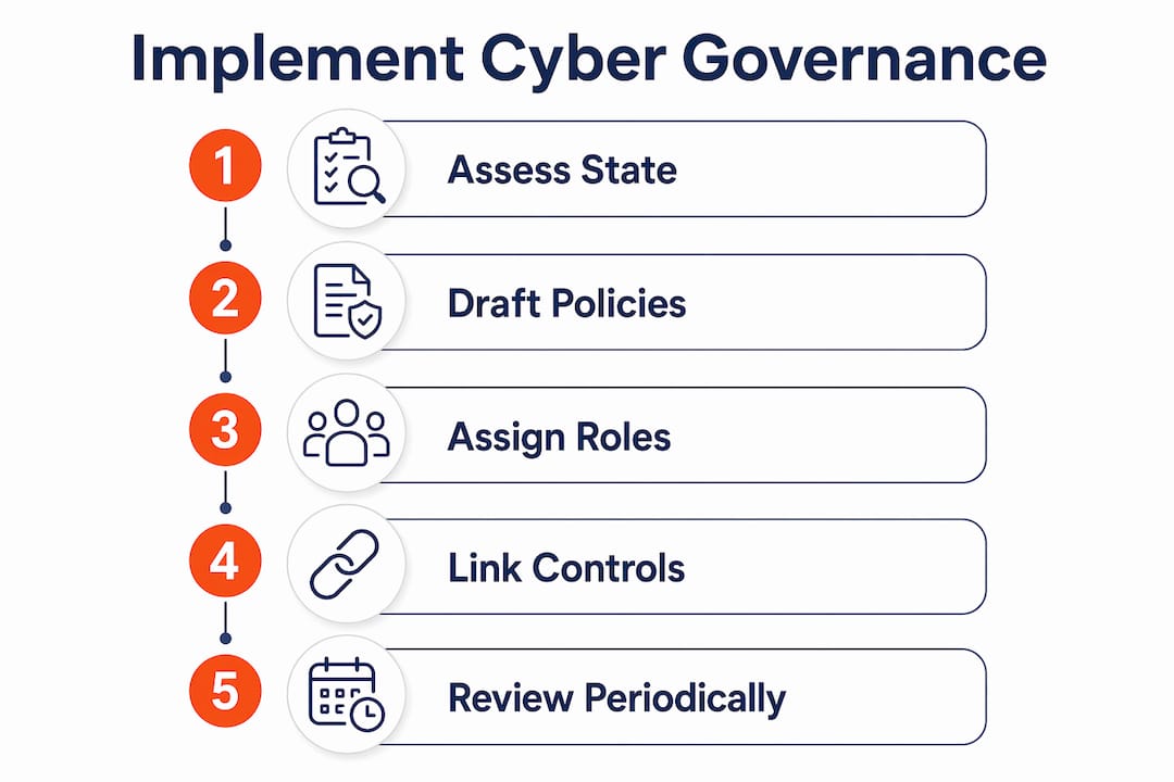 Infographic showing steps to implement cyber security governance policy