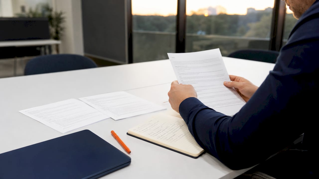 Hands reviewing compliance policies on conference table