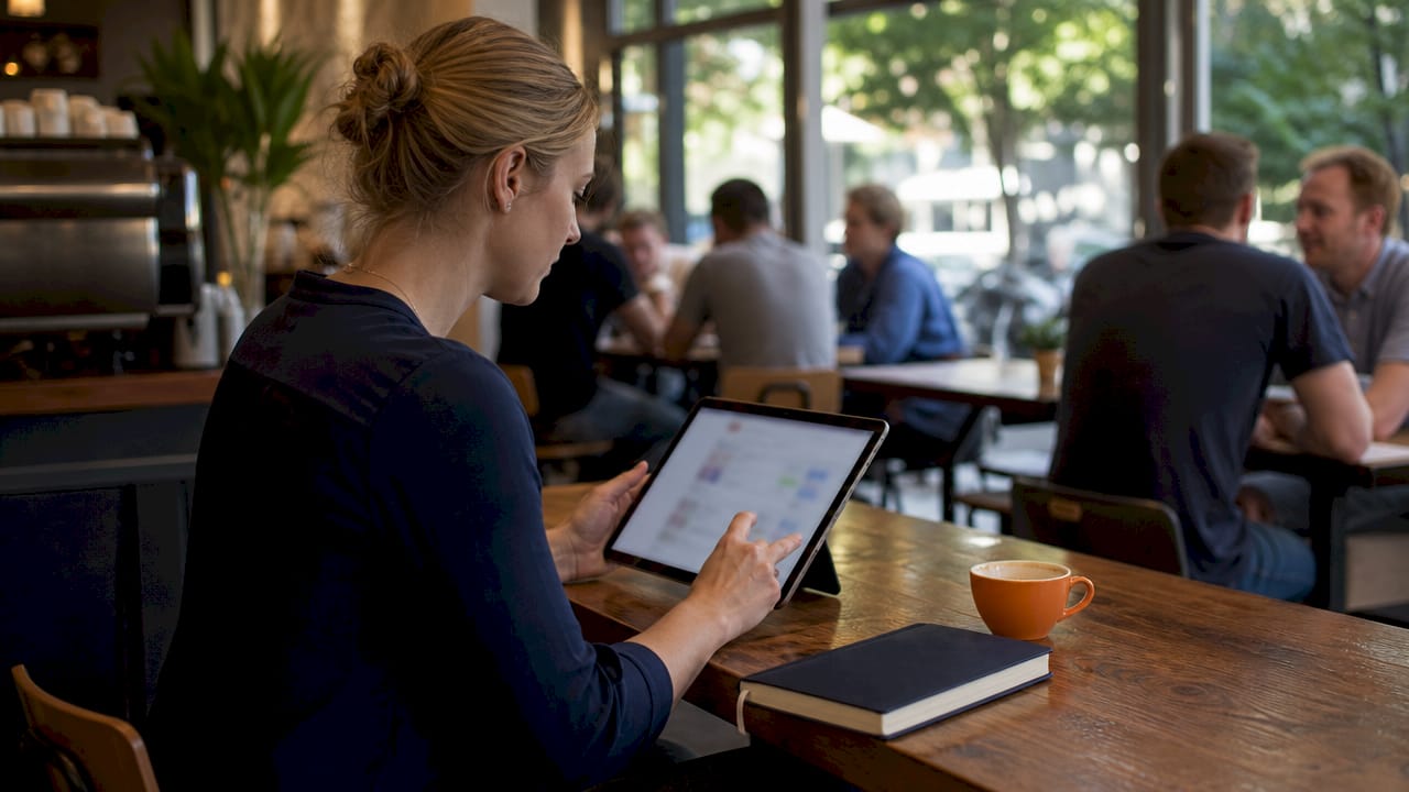 Close-up of white hands navigating digital business tablet