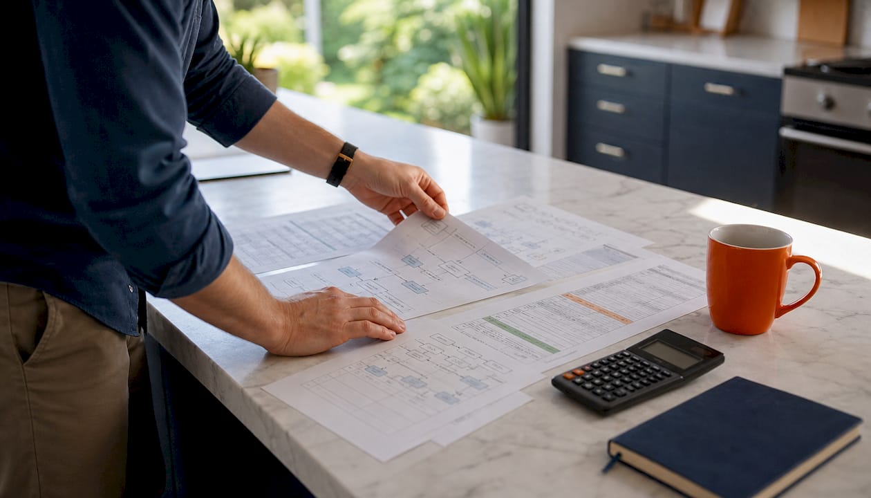 Hands arranging data mapping documents on table