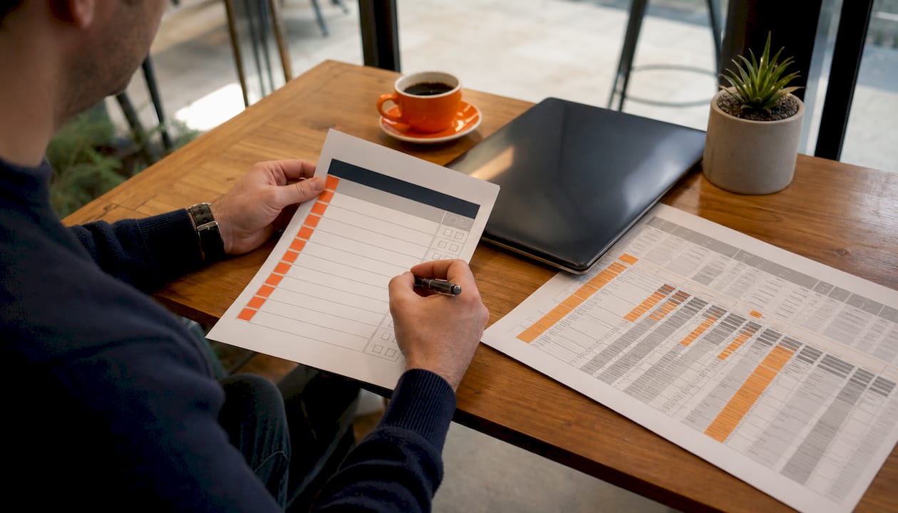Hands referencing compliance documents and laptop on table