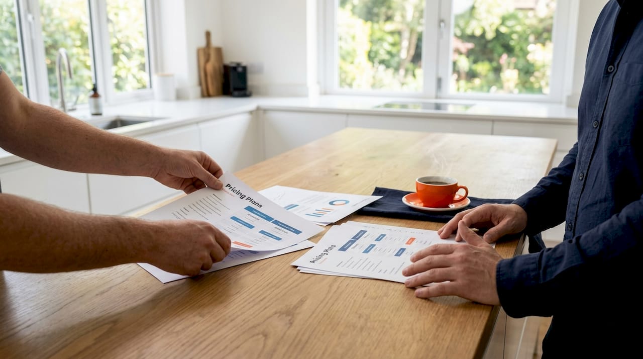 Hands exchanging documents on pricing factors