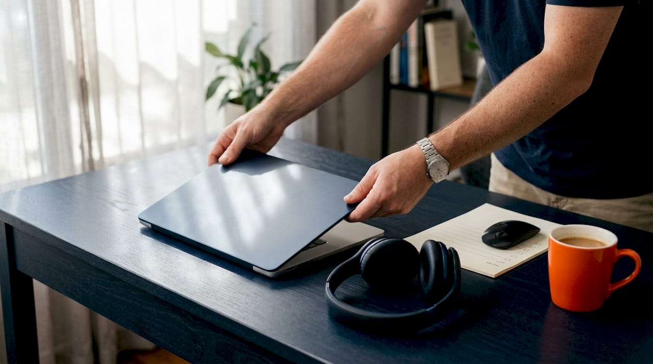 Hands setting up laptop and headset on desk