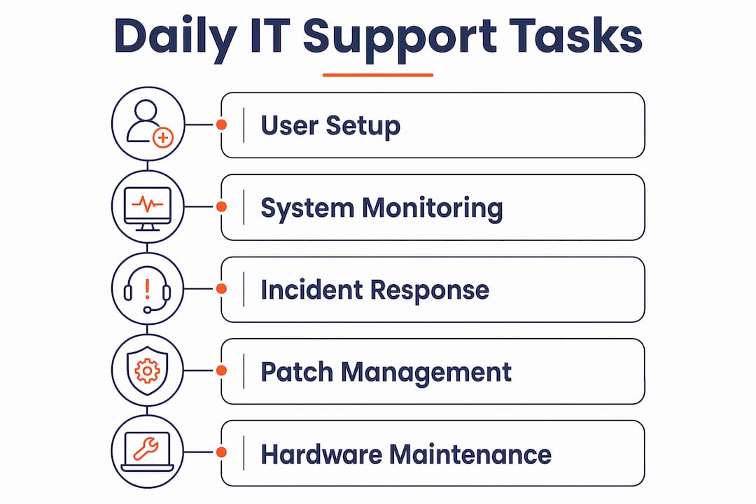 Infographic showing daily IT support engineer tasks