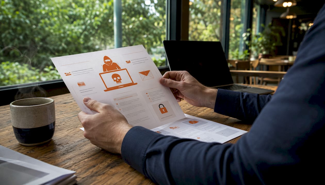 Hands holding printed cyber threat alerts